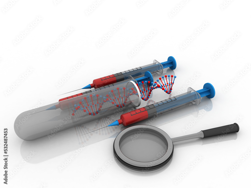Poster 3d render of dna structure with syringe