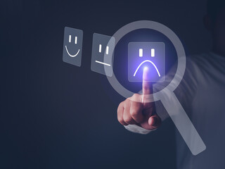 Customer unhappy service and Satisfaction concept ,Client touching virtual screen on Smiley face...
