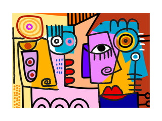 Modern illustration abstract face portrait man, woman, hand drawing colorful vector. Surreal figure design.