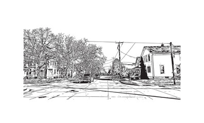 Building view with landmark of Oshkosh is the 
city in Wisconsin. Hand drawn sketch illustration in vector.