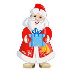 Cheerful Russian Santa Claus with a gift in hand. Character for the New Year's card, postcards, stickers