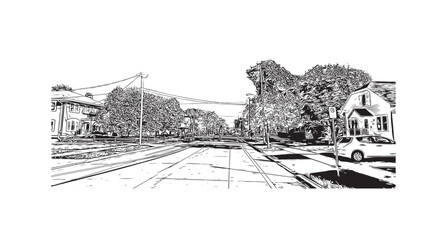 Fototapeta premium Building view with landmark of Oshkosh is the city in Wisconsin. Hand drawn sketch illustration in vector.