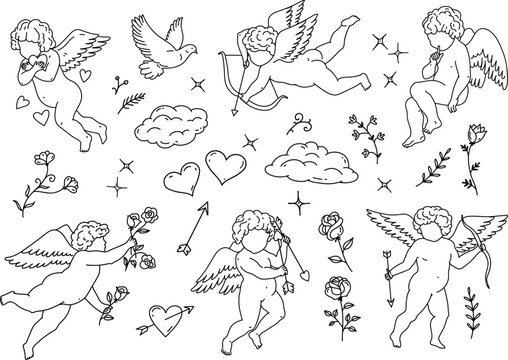 Vector romantic set of design elements for Valentine's Day. Linear illustrations of cupid, flowers, hearts, clouds and steles.