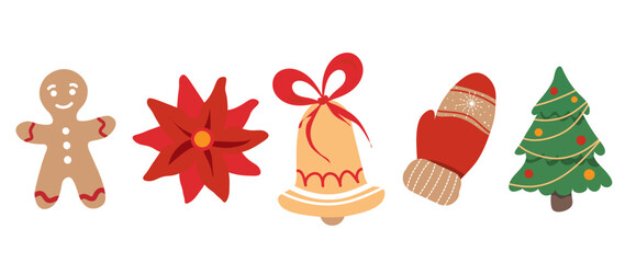 Merry Christmas and Happy New Year icons set, collection of winter theme icons. Glove, bell, holly, biscuit. Vector isolated illustration.