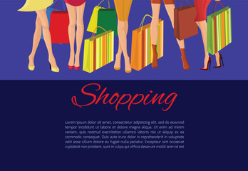 Young sexy  girls slim legs and with fashion bags shopping poster vector illustration