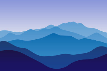 Fototapeta na wymiar jpeg illustration of beautiful scenery mountains in dark blue gradient color. View of a mountains range. jpg Landscape during sunset at the summer time. Foggy hills in the mountains ragion. jpeg illus
