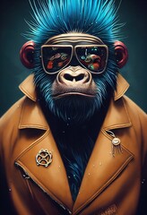 Portrait of a punk monkey. Monkey rock musician. Hipster monkey with a punk hairdo. 3D rendering - obrazy, fototapety, plakaty