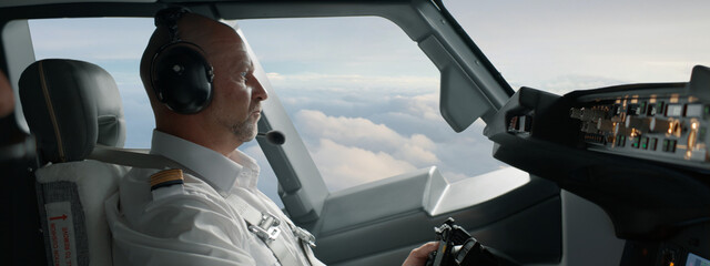Commercial aircraft pilots adjusting flight parameters of the plane during the flight at high altitude. View from inside the cabin. Real aircraft, daytime shot © supamotion