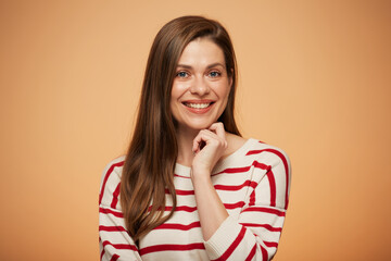 Happy woman in casual striped clothes. Isolated female facial portrait.