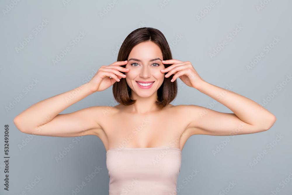 Sticker Photo of joyful lady showing eyebrows ideal perfect make up party isolated over grey color background