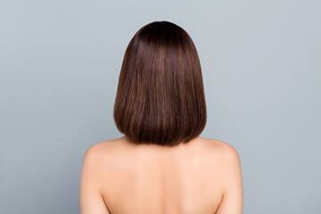 Fototapeta premium Back view photo of slim beautiful naked shoulders girl haircare keratin straightening isolated on grey color background