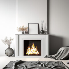 White gray interior with fireplace portal set in a grey bedroom interior with wall molding, carpet and decor - 3d render