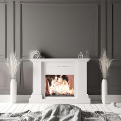 White gray interior with fireplace portal set in a grey bedroom interior with wall molding, carpet and decor - 3d render