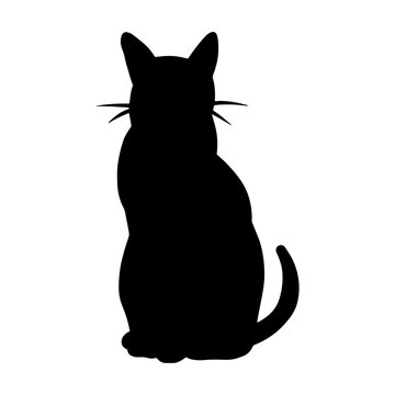 Vector isolated animal silhouette icon. Simple black cat shape. Kitty graphic illustration. Abstract symbol sign design element. Vet clinic logo. Pet portrait shadow in flat style.