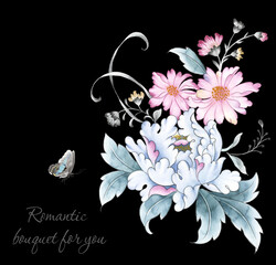 Illustration of peony flowers. invitation card. Wedding invitation card template design Asian style.
