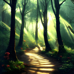 Obraz premium Pathway through a fantasy forest with rays of sunlight shining down. 
