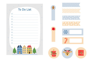 Winter planner stickers set and To Do list. Hand drawn cute seasonal elements. Template for notebook and stationery.