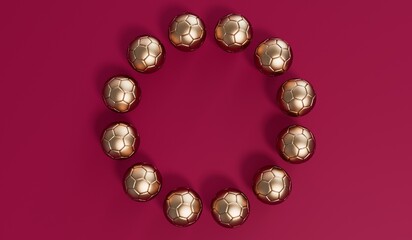 Golden football soccer ball on a burgundy background. 3D Rendering