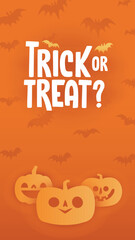 Halloween banner with copy space. Trick or treat lettering sign with bats and carved pumpkins. Cute and funny spooky style.