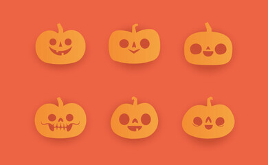 Set of Halloween carved pumpkins. Flat style, vector cute spooky design.