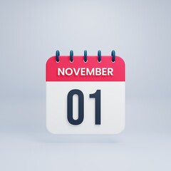 November Realistic Calendar Icon 3D Rendered Date November 01