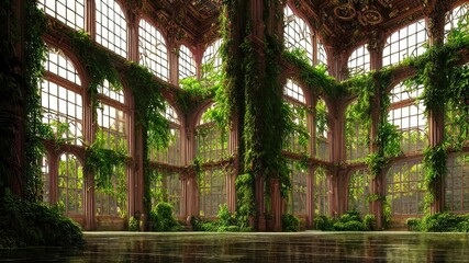 Fototapeta premium A garden in a majestic architectural building with large stained glass windows and arches. Mystical and mysterious rooms in green plants. Fantasy interior, exterior inside the building. 3D illustratio