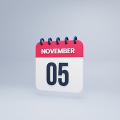 November Realistic Calendar Icon 3D Rendered Date November 05