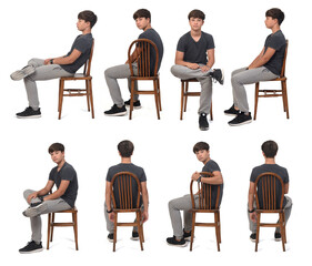 various poses of same teen sitting on chair on white background