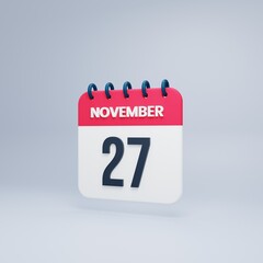 November Realistic Calendar Icon 3D Rendered Date November 27