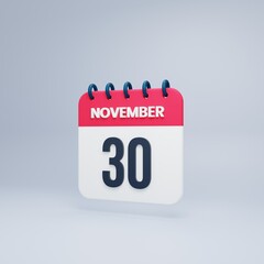 November Realistic Calendar Icon 3D Rendered Date November 30