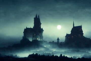 A mighty castle in the moonlight. 