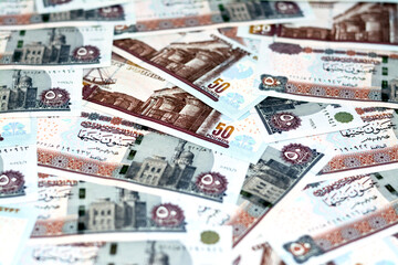 A pile of Egyptian money banknotes of 50 LE fifty pounds series 2022 features Abu Hurayba Mosque on obverse and image of temple of Edfu, winged scarab and a pharaonic boat on reverse side - obrazy, fototapety, plakaty
