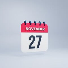 November Realistic Calendar Icon 3D Rendered Date November 27