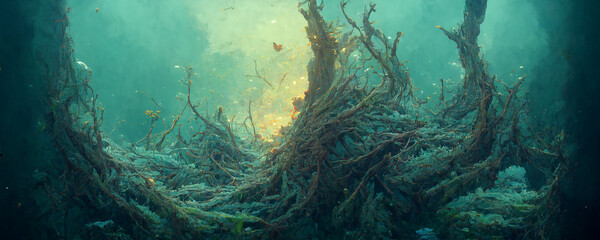 underwater view of the forest river. Plants, tree logs fragments. Nature, environmental conservation, ecology, ecosystems, aquatic wildlife, drinking water, water treatment, pollution themes.3d render