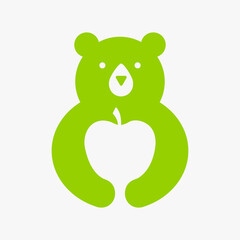 Initial Bear Apple Logo Negative Space Vector Template. Bear Holding Apple Symbol