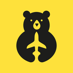 Initial Travel Bear Logo Negative Space Vector Template. Bear Holding Airplane Symbol