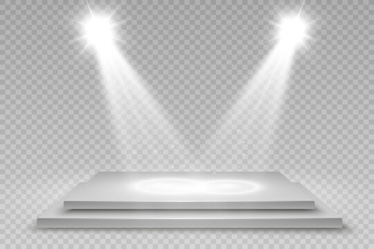  Podium, pedestal or platform, illuminated by spotlights in the background. Vector illustration. Bright light. Light from above. Advertising place	