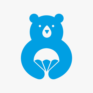 Initial Bear Parachute Logo Negative Space Vector Template. Bear Holding Parachute Symbol