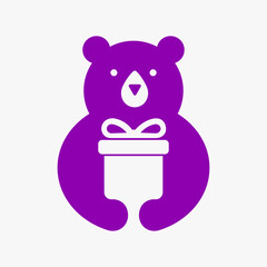 Initial Bear Gift Box Logo Negative Space Vector Template. Bear Holding Gift Box Symbol