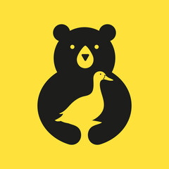 Initial Bear Duck Logo Negative Space Vector Template. Bear Holding Duck Symbol
