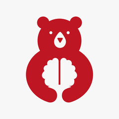 Initial Bear Brain Logo Negative Space Vector Template. Bear Holding Brain Symbol