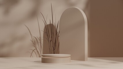 Beige pedestal podium mockup on natural shadow pastel beige backdrop, dry leaf and grass with empty platform beauty product showcase and presentation, 3D Rendering