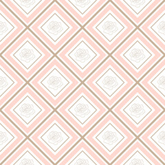 Plaid seamless pattern. Vector fabric print template. Scottish style pastel pink rhombus ornament with rose outline drawing. Geometric checkered carpet background.