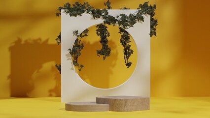 natural wood pedestal podium mockup with tropical leaf, plant, and branch shadow Backdrop, Empty platform for beauty product showcase and presentation. 3D Rendering