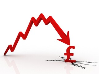
3d illustration Pound Currency Symbol with deflation graph