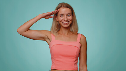 Yes sir. Subordinate, responsible, serious blonde woman giving salute listening to order as if...