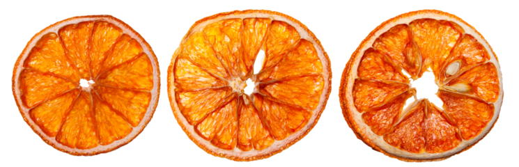 Dried orange slices on an isolated white background. Front view.