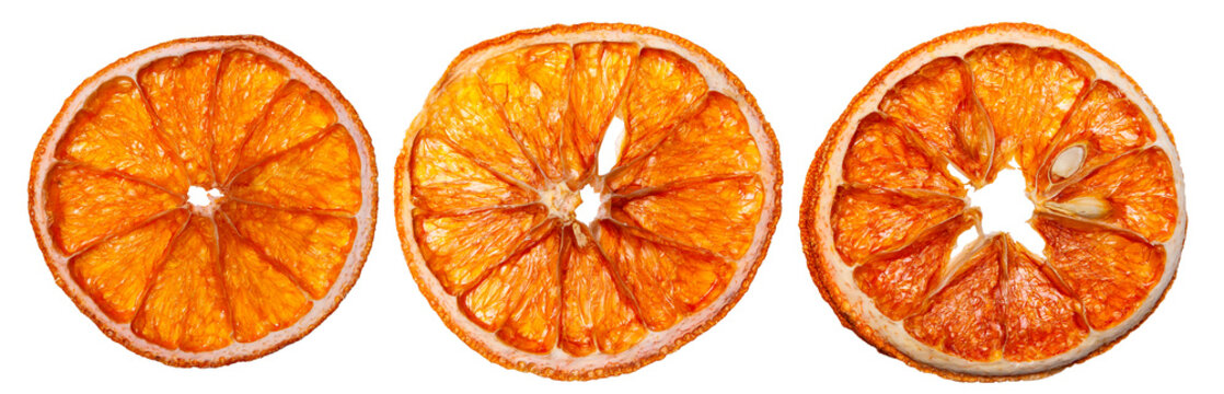 Dried orange slices on an isolated white background. Front view.