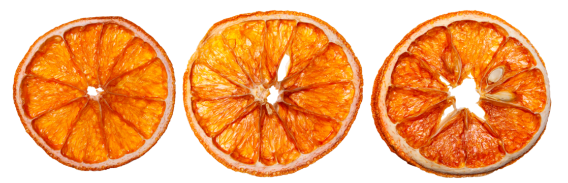 Dried orange slices on an isolated white background. Front view.