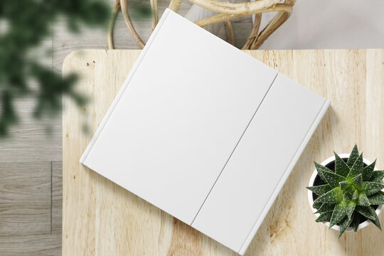 Clean Minimal Cover Square Book Mockup On Top Wooden With Plants